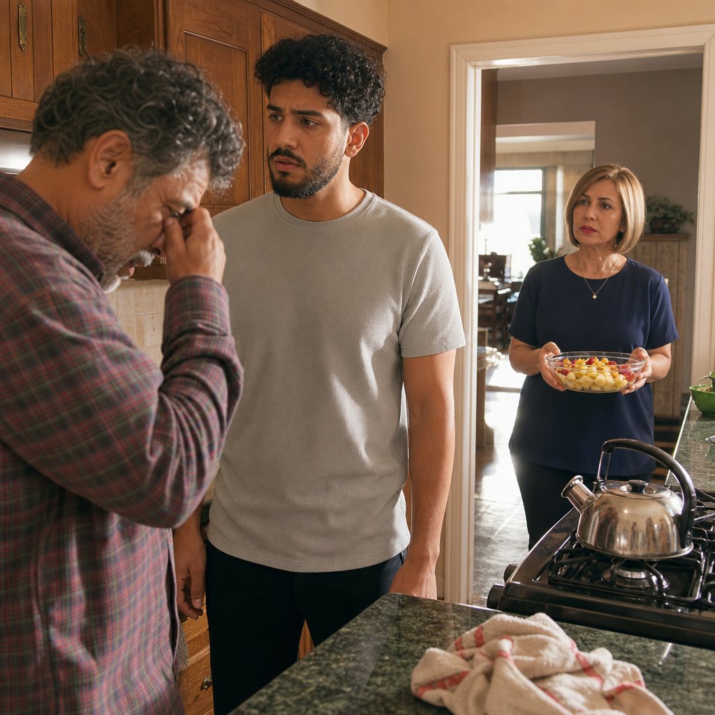 A young man confronts his tired father in the kitchen as a blonde woman watches from the doorway holding fruit.