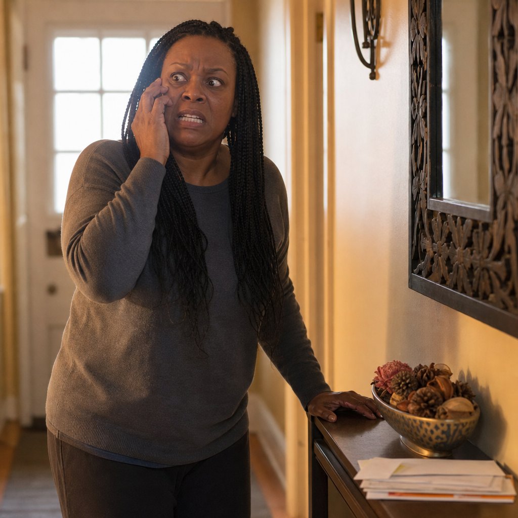 A woman with long box braids stands in a hallway on a call, gripping a console table, eyes wide with alarm.