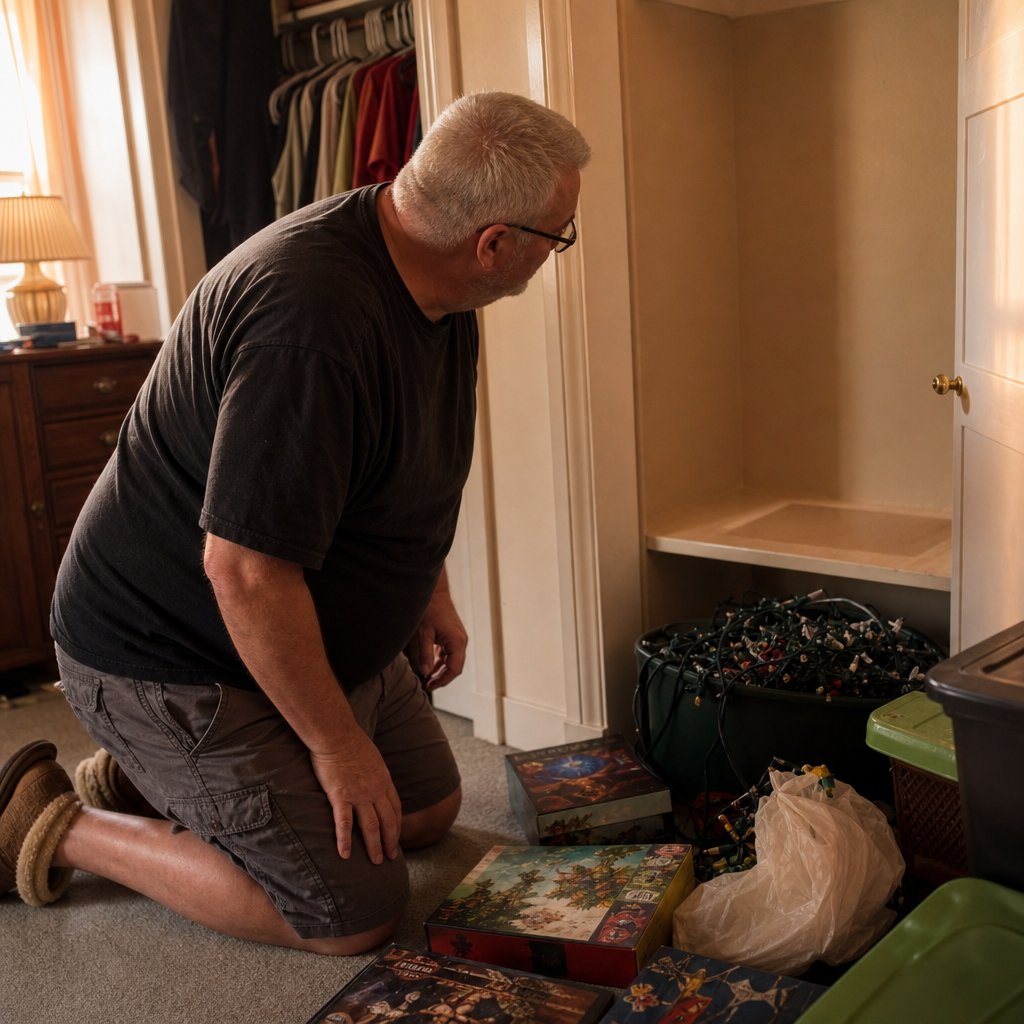 A gray-haired man with glasses kneels in a closet, staring at a clean empty spot where a box is missing.