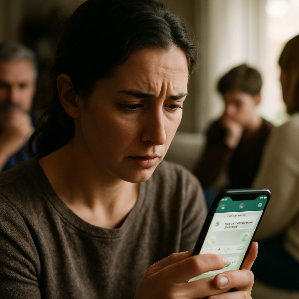 Woman distressed reading accusatory messages in family group chat.
