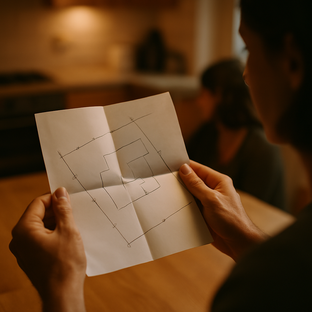 Hands holding house survey document on table under kitchen light.