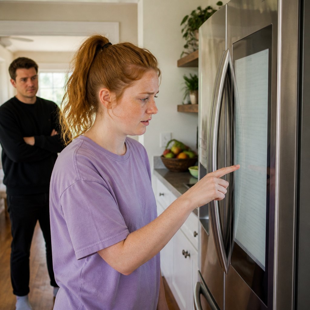 Woman puzzled by unusual grocery list on fridge touchscreen, man observing