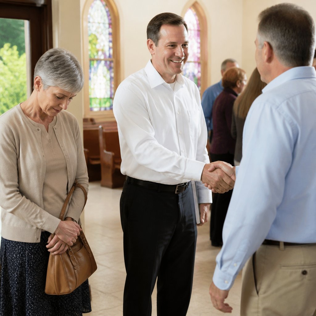 Man smiles warmly in church foyer while woman stands nearby looking uneasy.
