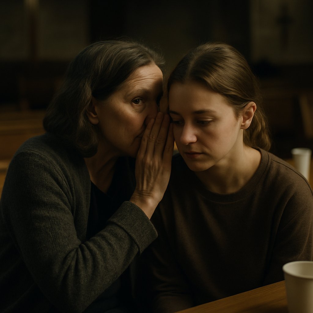 Two women whispering closely in a church basement, one looking worried and the other surprised.