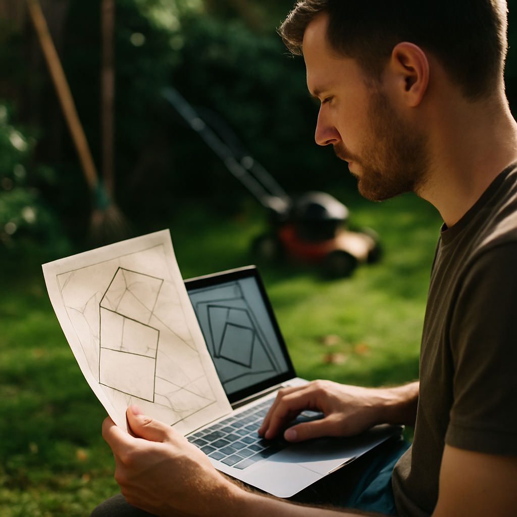 Person comparing paper survey with digital map on laptop in backyard with tools nearby.
