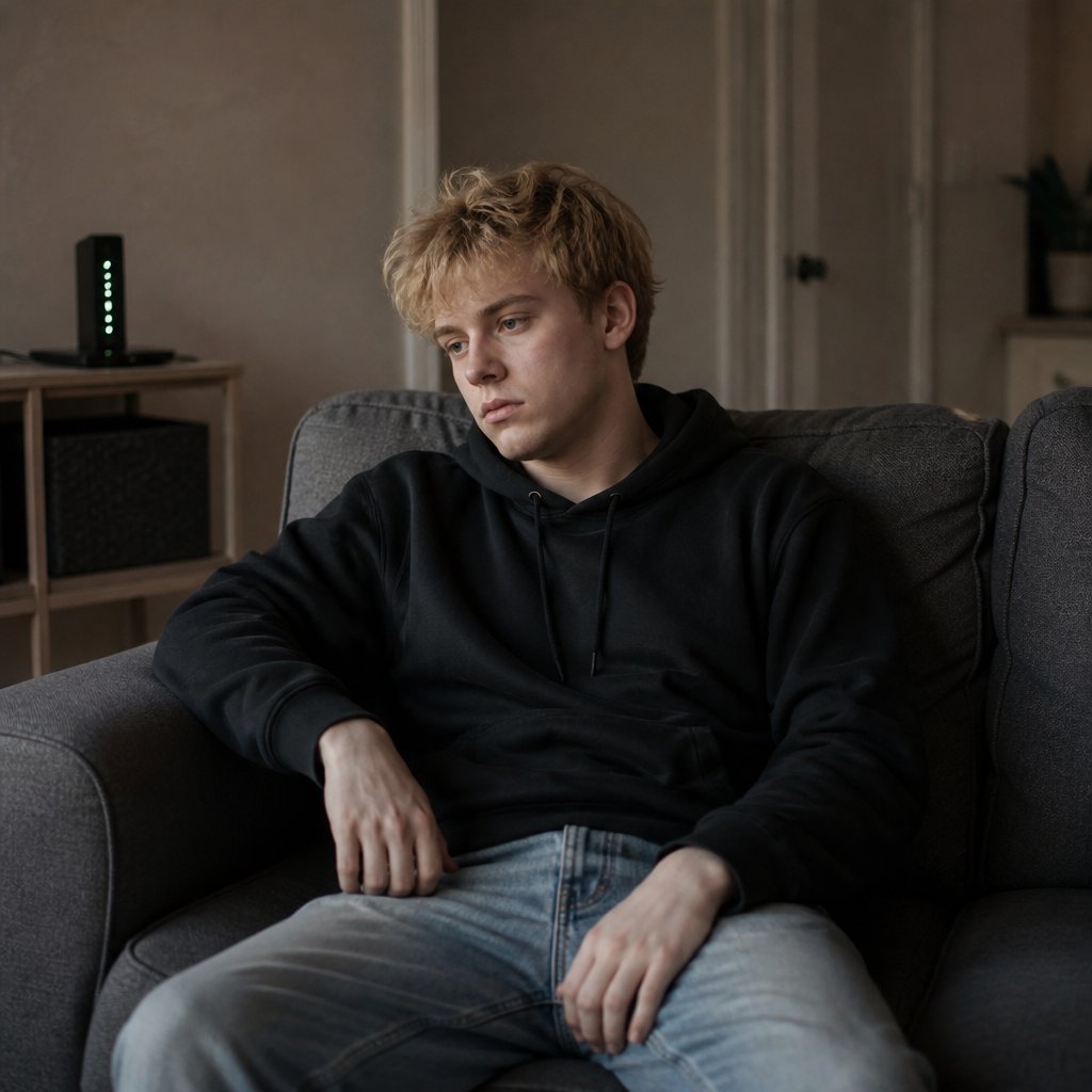 Man sitting on couch looking at phone after failed call to friend