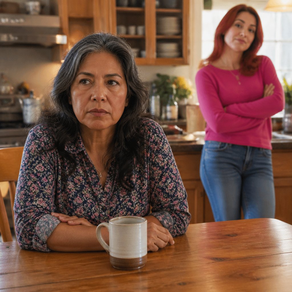 Woman at kitchen table upset, phone face down, younger red-haired woman nearby, kitchen.