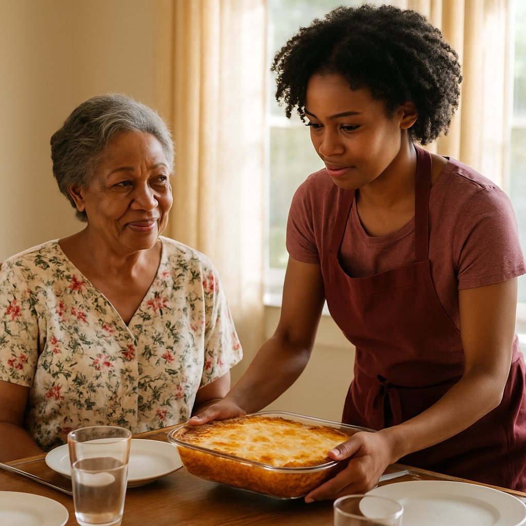 Mother-in-law praising nanny’s cooking at family lunch