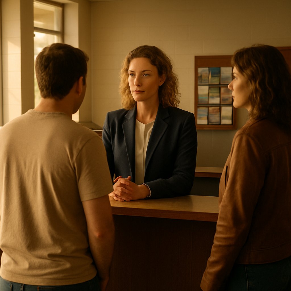 A bank teller in a navy blazer denies a man access as a woman in a brown leather jacket watches quietly.