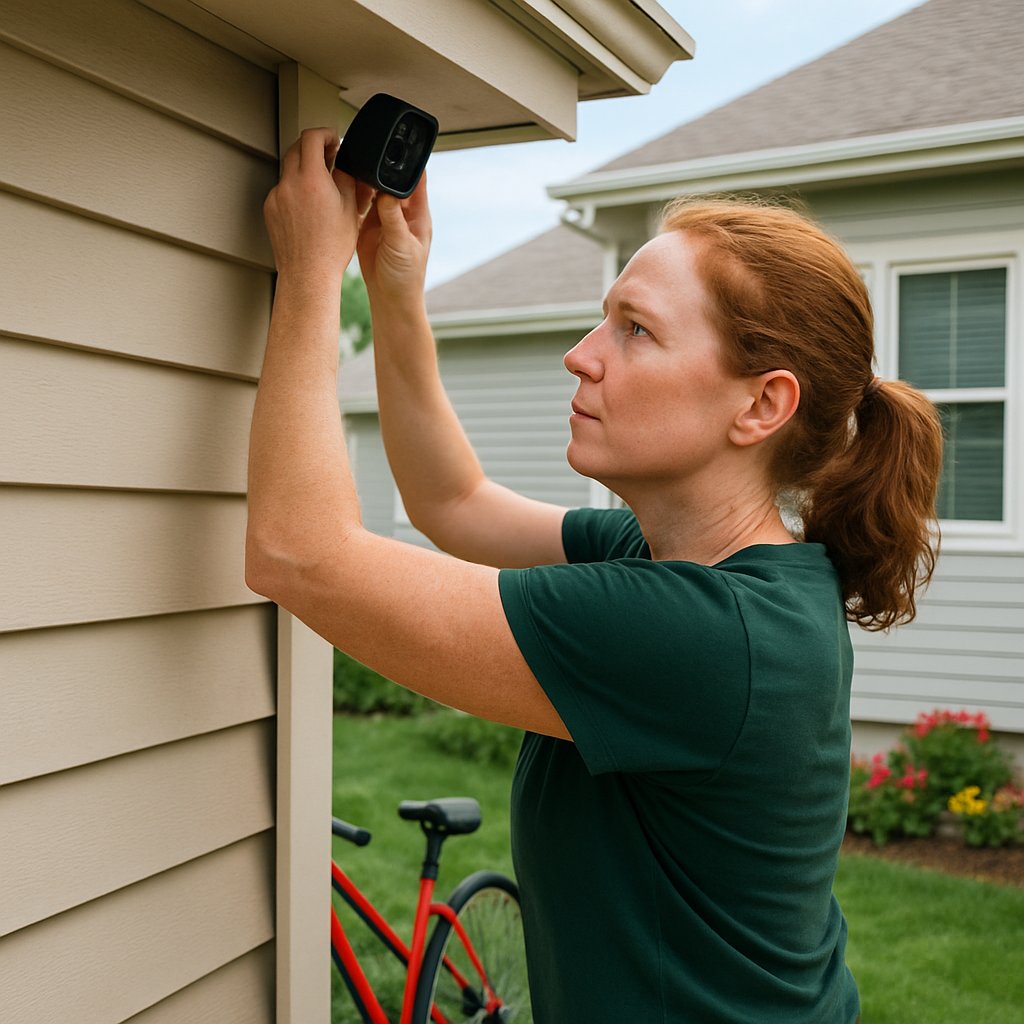 Man installing second security camera on house corner aimed toward neighbor’s window.