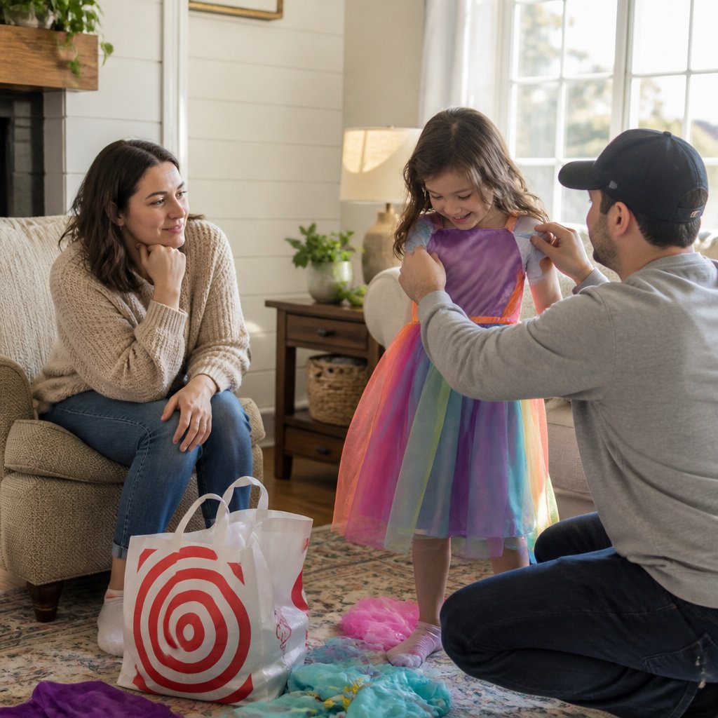 Father helping daughter with costume while mother watches thoughtfully.