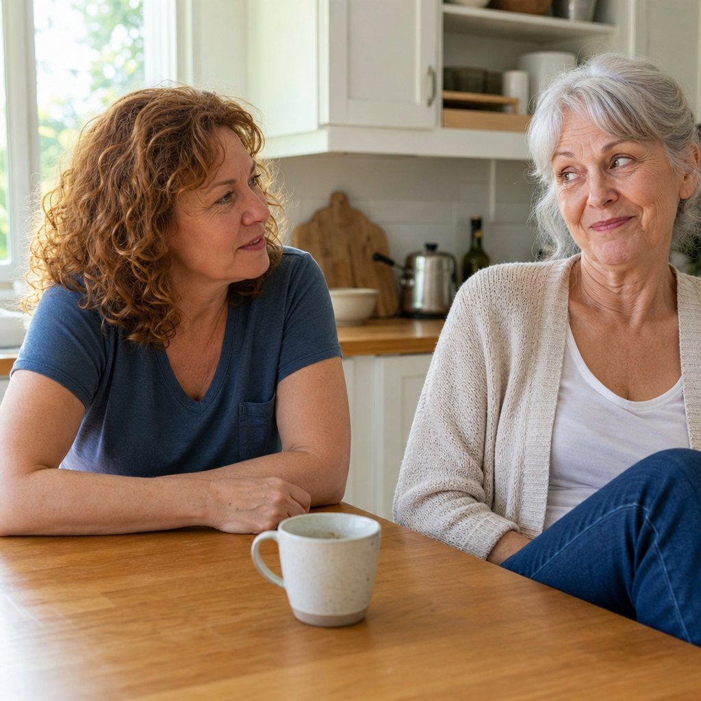 Two women at a kitchen table, one laughing to avoid a question.
