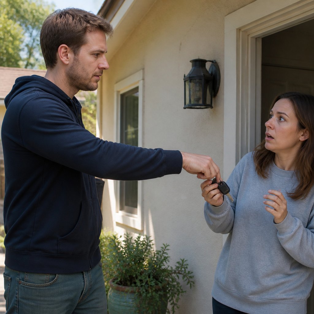 Man grabbing keys from woman at front door, she looks hesitant