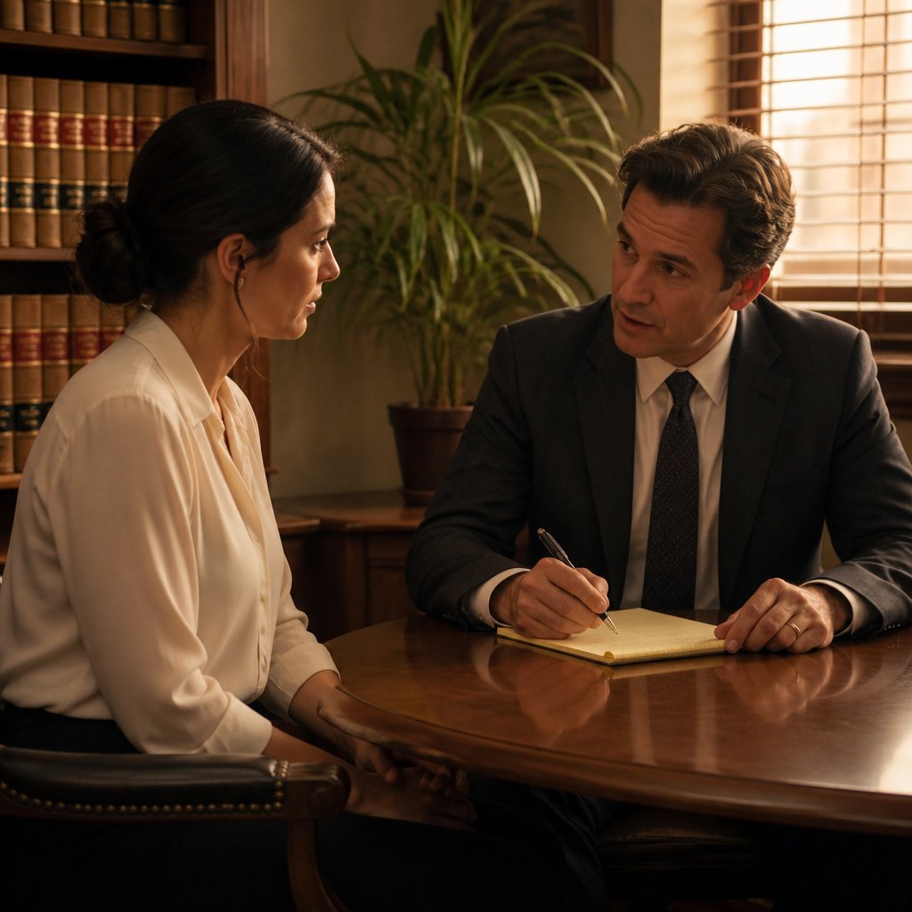 Attorney in charcoal suit advising woman in cream blouse quietly at a law office table.