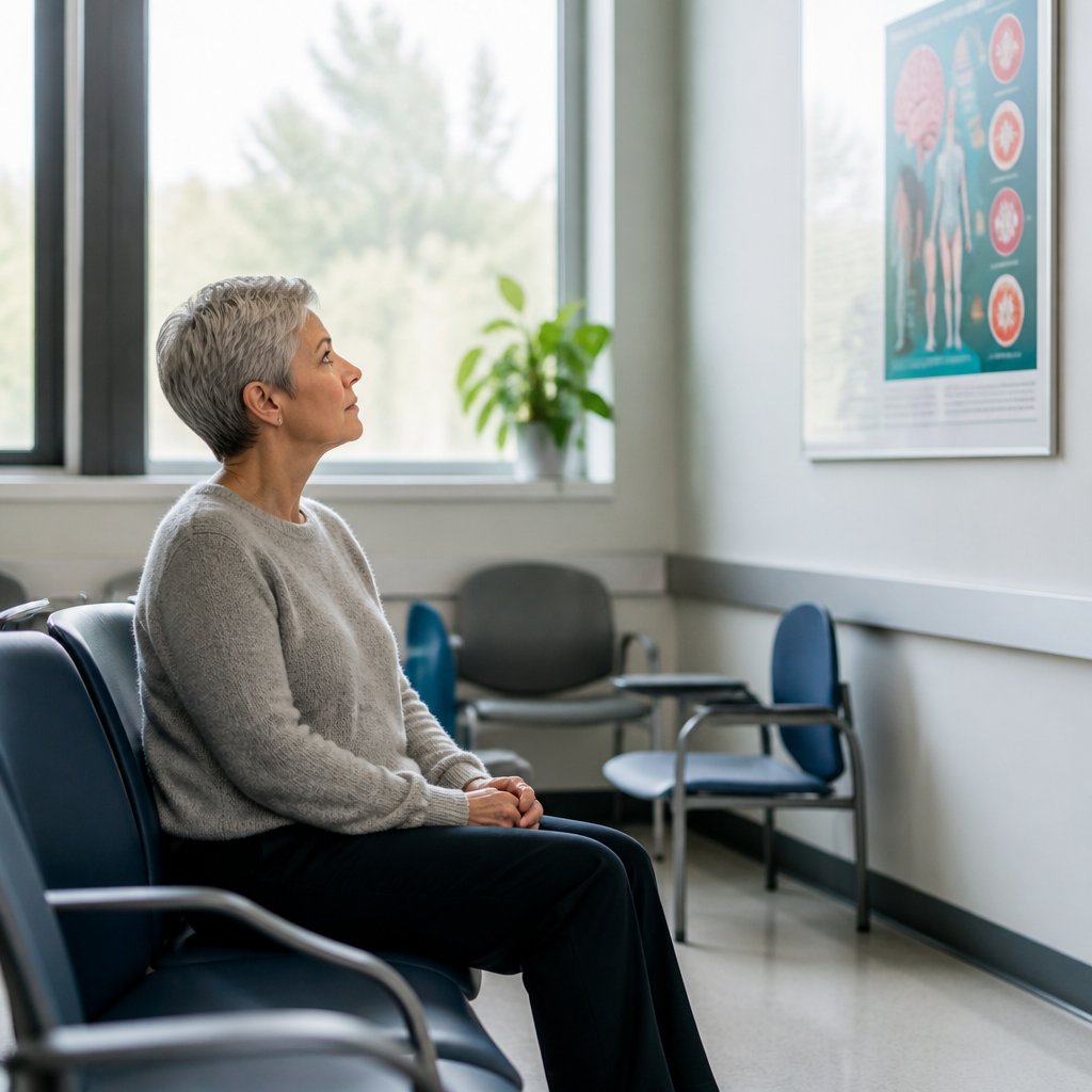 Woman sitting alone in MRI waiting room, intently looking at a stroke awareness poster.