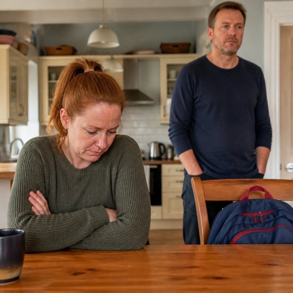 Woman looks frustrated at kitchen table as man stands nearby with indifferent expression.