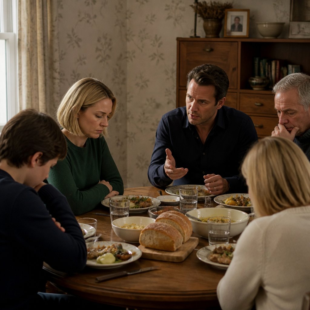 Man speaking firmly at a family dinner as a woman looks down sadly.
