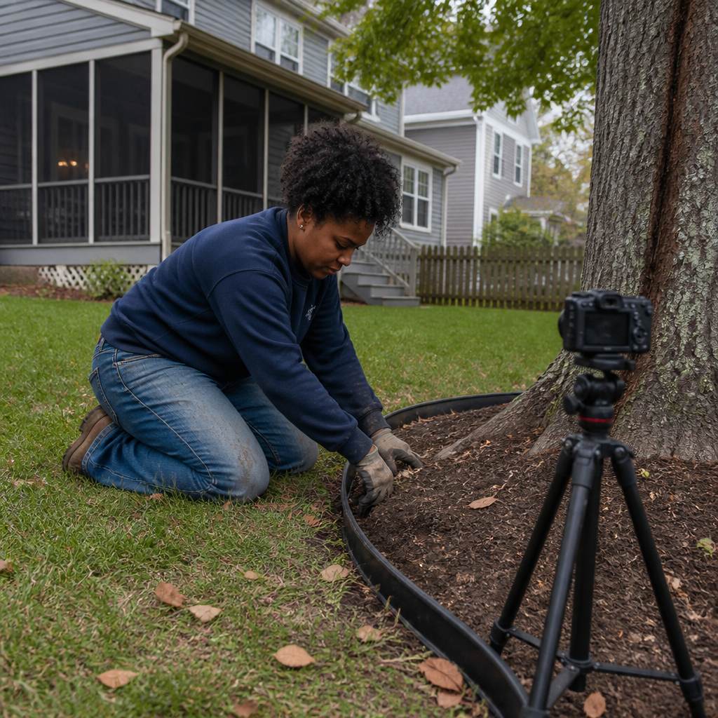 Woman installing plastic edging and small camera near a maple tree at a suburban property line.