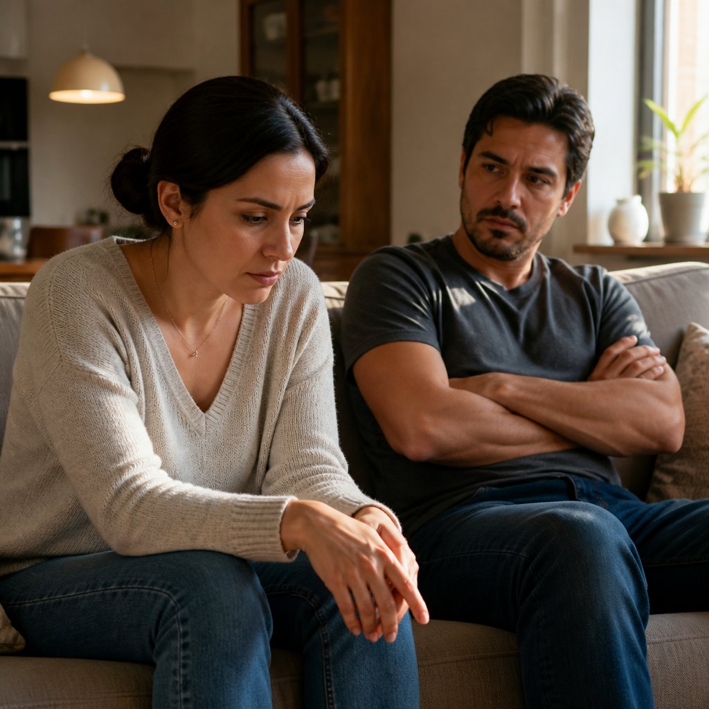 Couple on couch, woman looking worried, man shrugs indifferent.