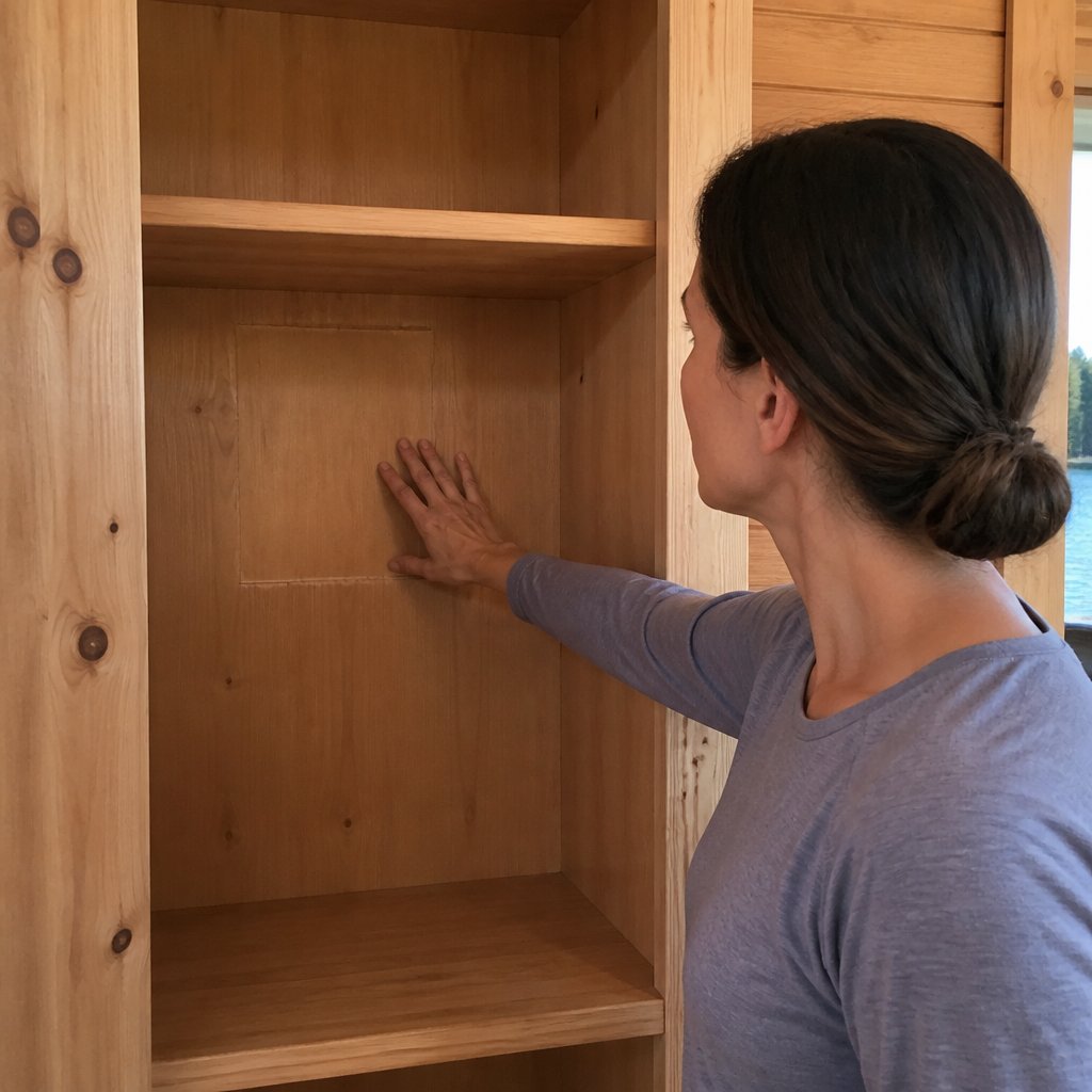 Hand reaching toward a bare closet wall with a faint box outline inside a lake house.