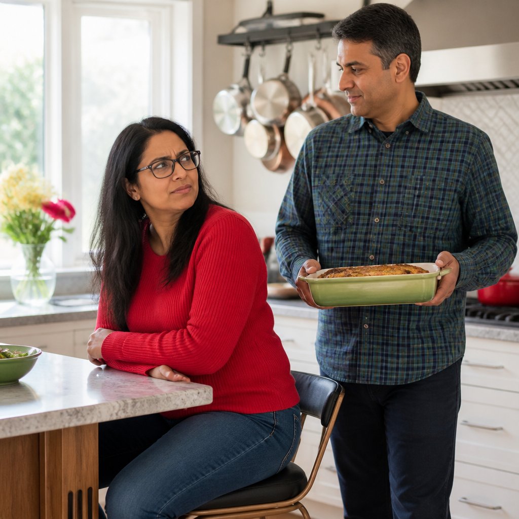 Woman watches man bring casserole into kitchen with suspicious expression.