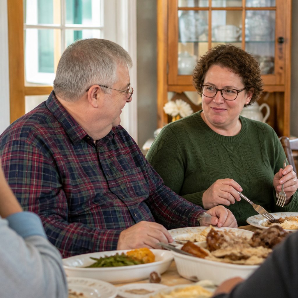 Dinner table with man in plaid shirt and woman in green sweater watching him closely, tension visible.