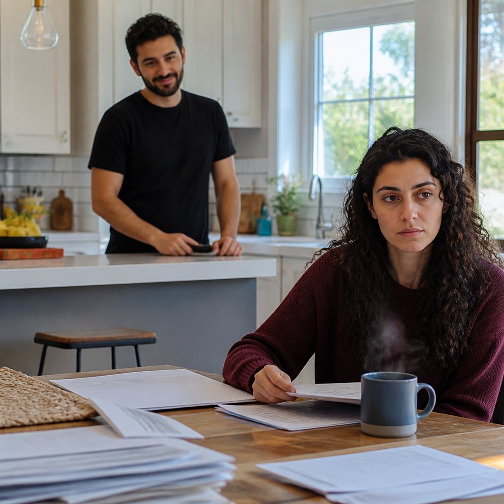 Man smiling at phone face down while woman looks away anxiously at dining table.