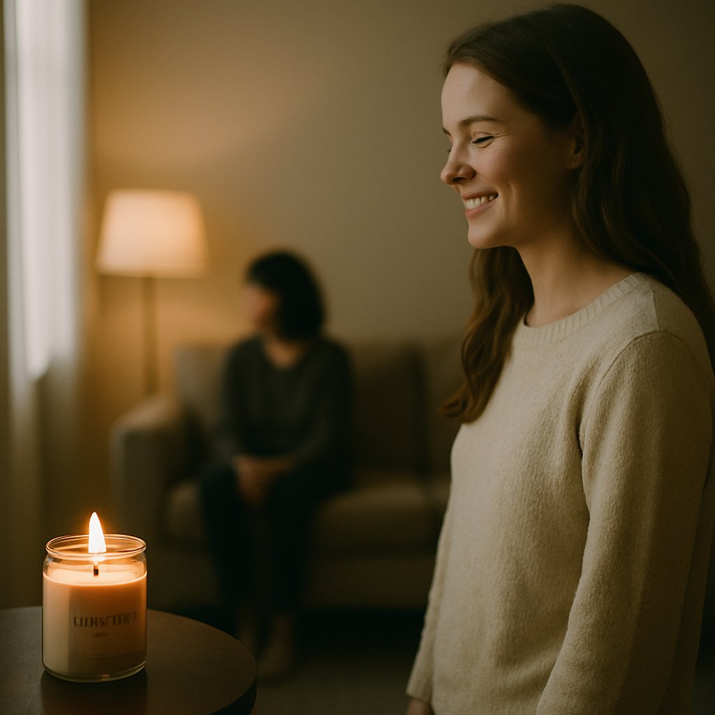 Living room scene with candle and women exchanging looks, one woman tense