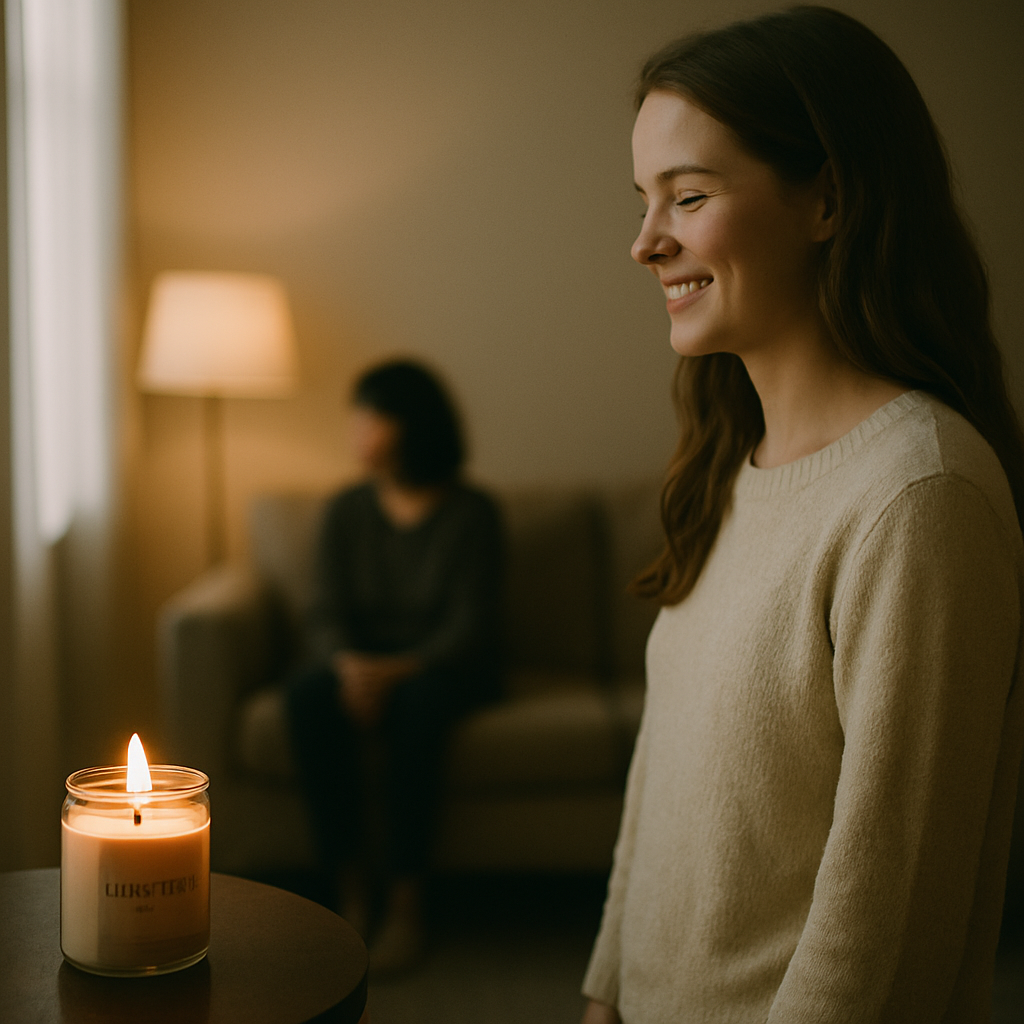 Living room scene with candle and women exchanging looks, one woman tense