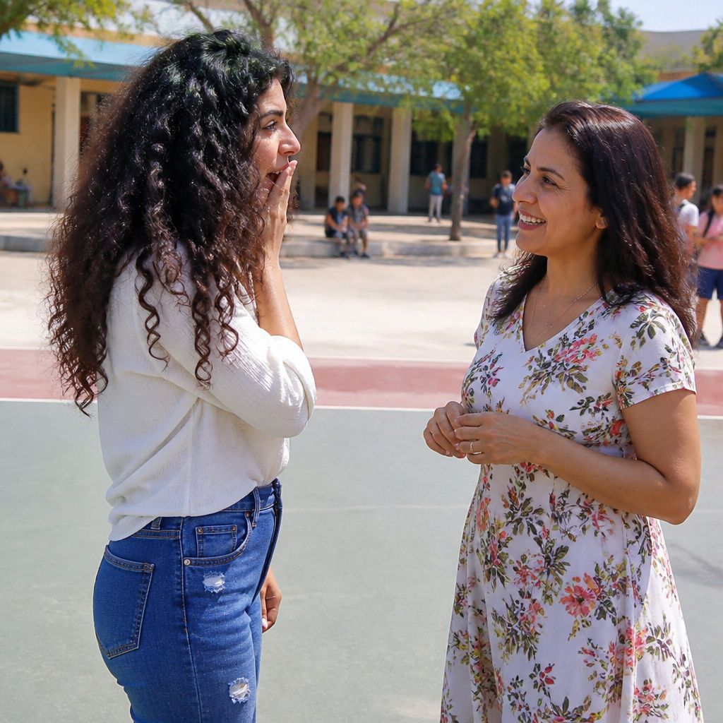 Woman surprised at school playground as another woman talks to her