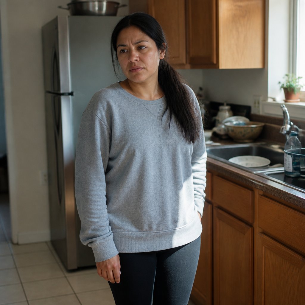 Woman standing alone in kitchen looking troubled holding phone