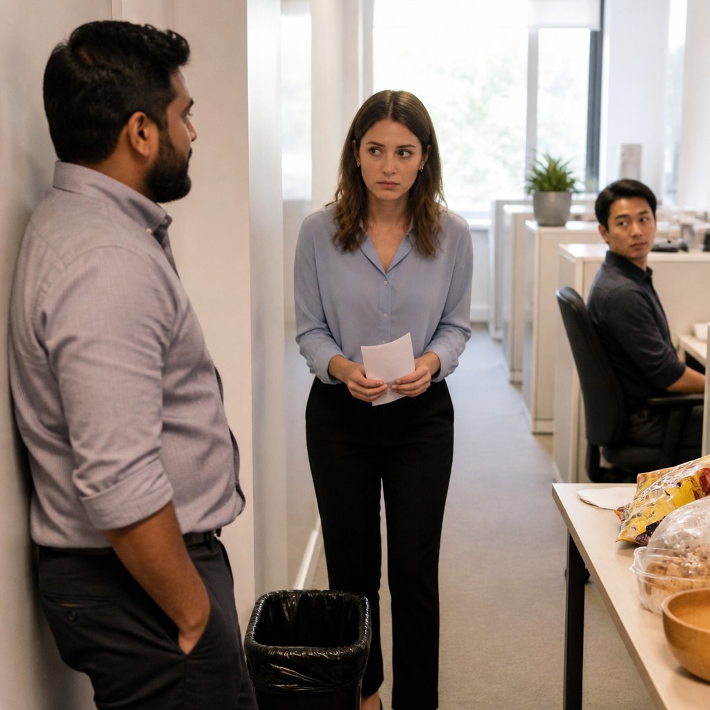 Mara grips a folded recap printout by a trash can while Jonah watches from his desk.