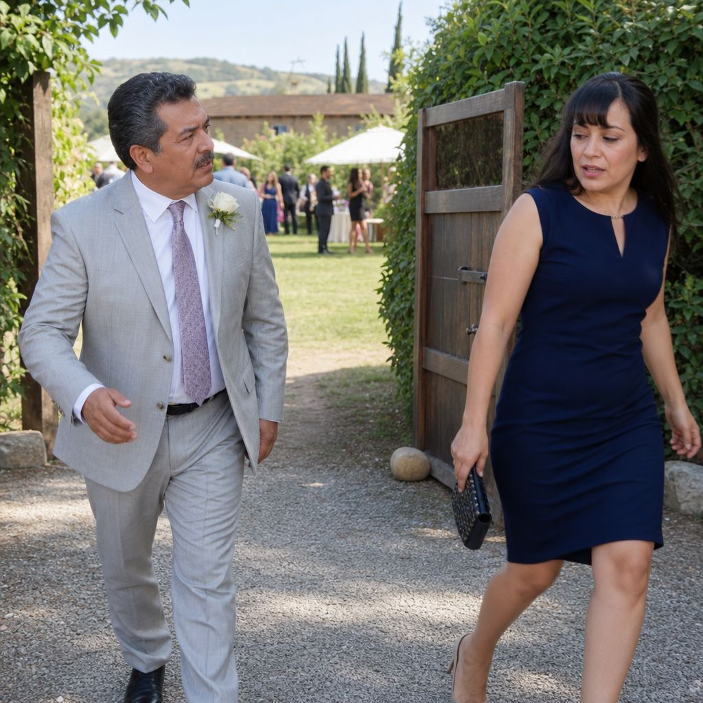 A man in a suit watches a navy-dressed woman hurry away near a side gate during wedding photos.