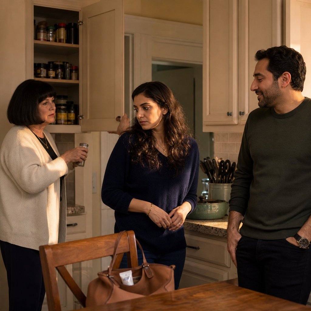 An older woman holds a spice jar in the kitchen while staring at a tense younger woman; the husband looks on, unaware.