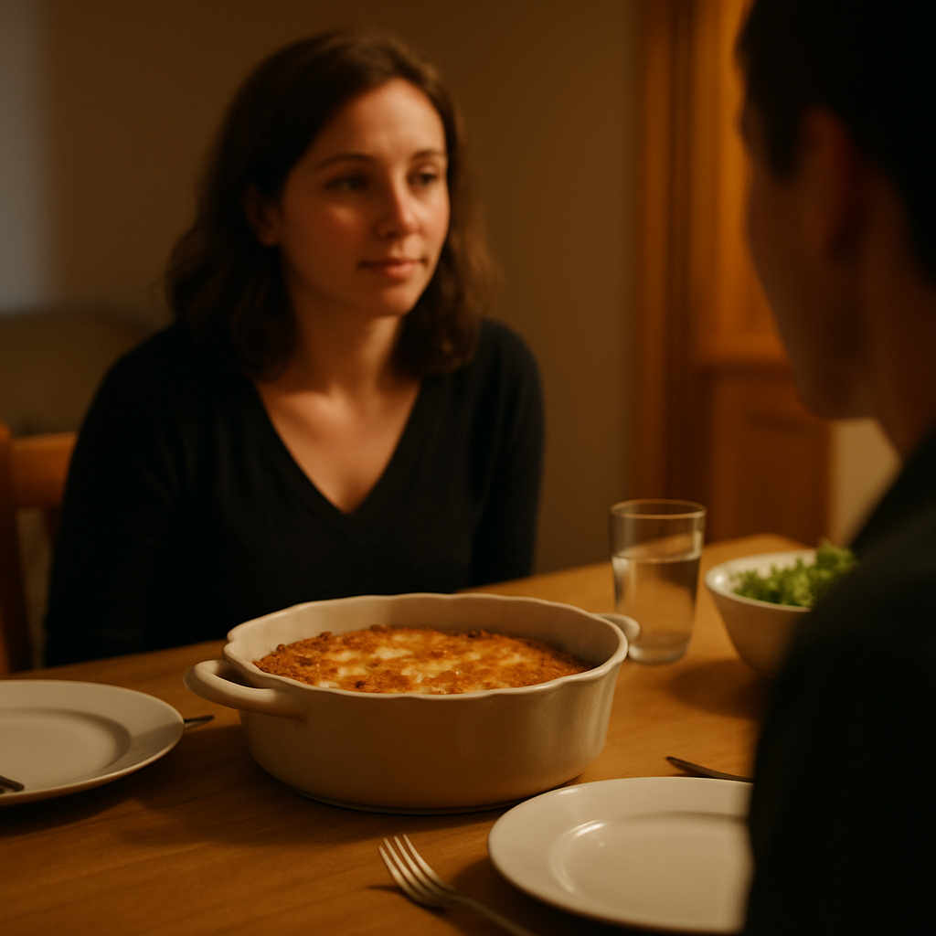Casserole on dining table with woman watching quietly