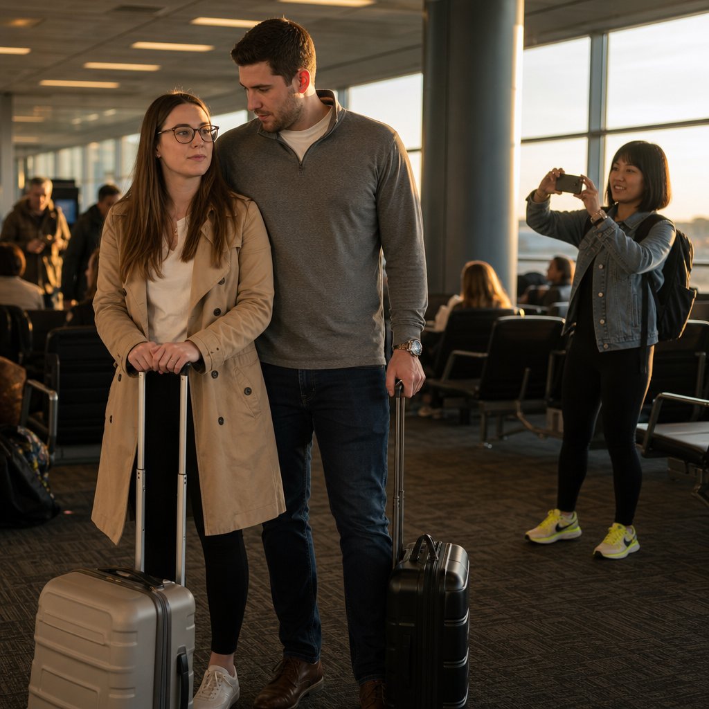 At an airport gate, a tense young woman with glasses stands too close to a man while a coworker raises a phone to take their picture.