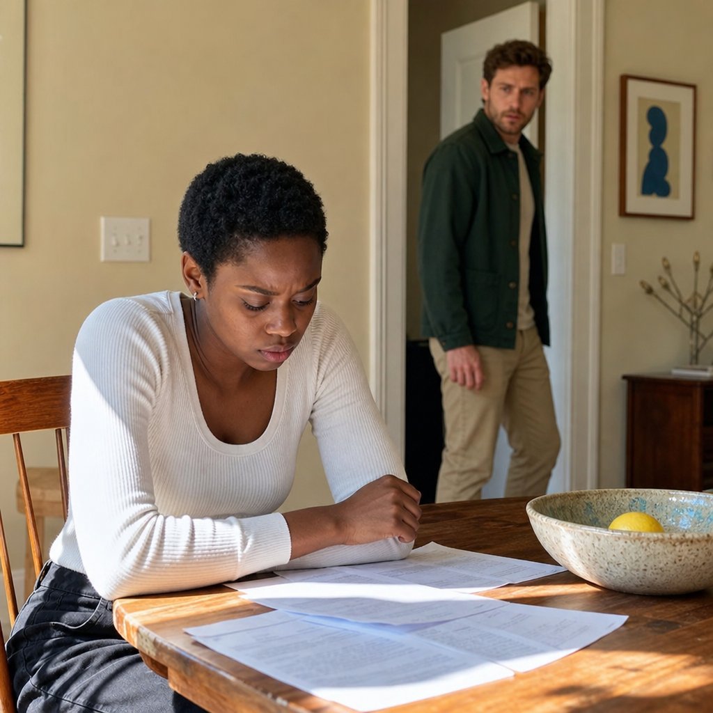 Mara examines tax documents at the dining table as Evan freezes in the doorway, staring at what she found.
