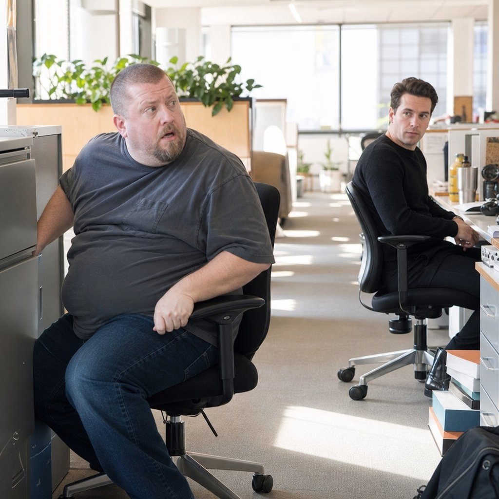 A shocked man turns in his chair as a coworker across the aisle locks eyes with him.