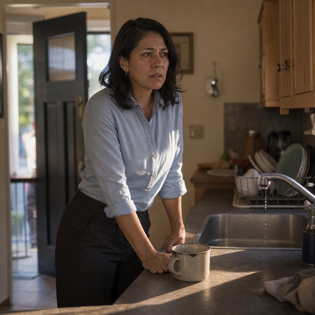 Mara stands rigid at her sink as she hears her front door being opened.