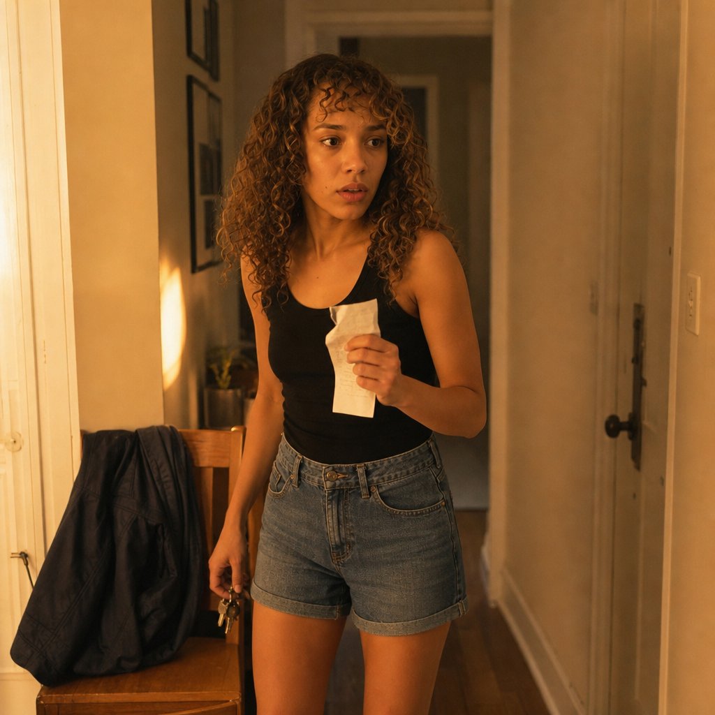A woman holds a wrinkled receipt in a hallway, looking determined as she heads for the door.