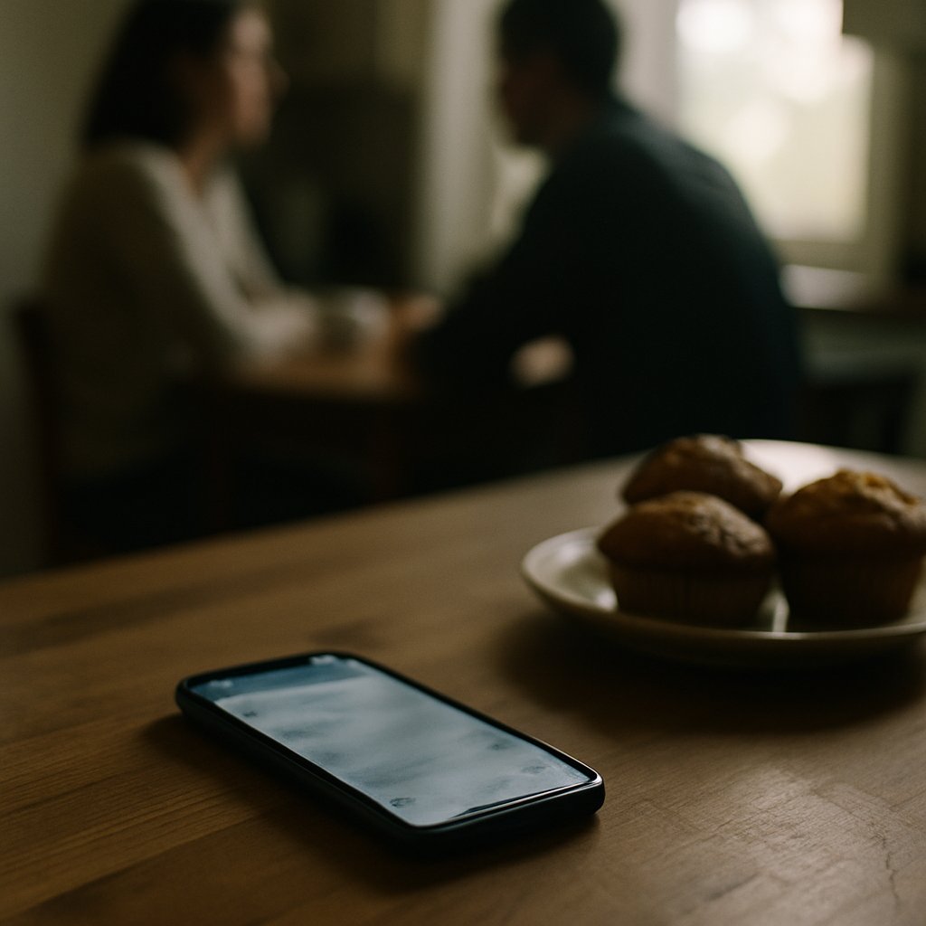 Smartphone with blurred group chat screen on kitchen counter with muffins nearby.