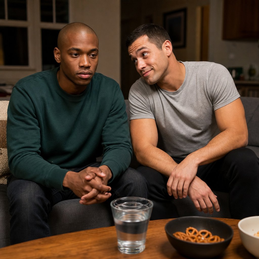 Two men sit close on a couch, one leaning in with a suspicious smile as the other stays rigid.