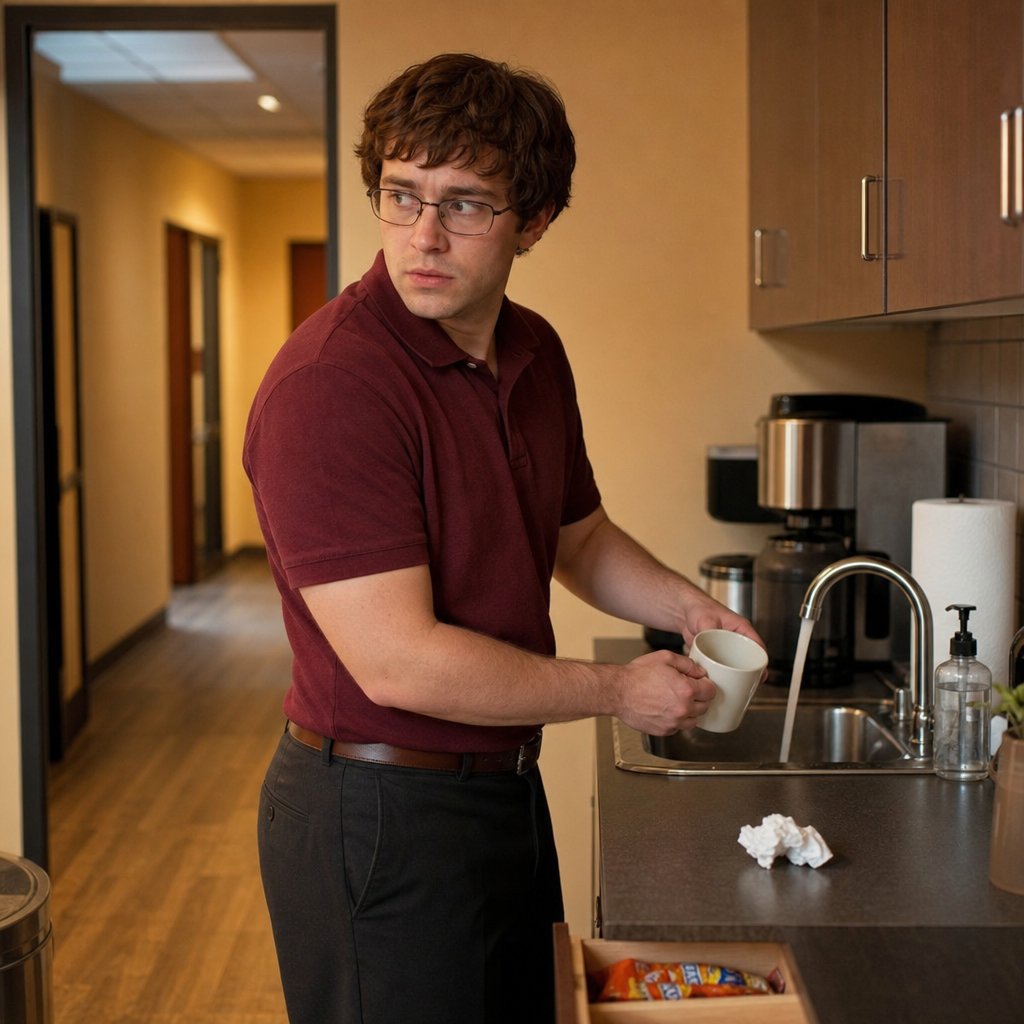 In the break room, Iris washes a mug and looks off tensely as if connecting troubling dots.