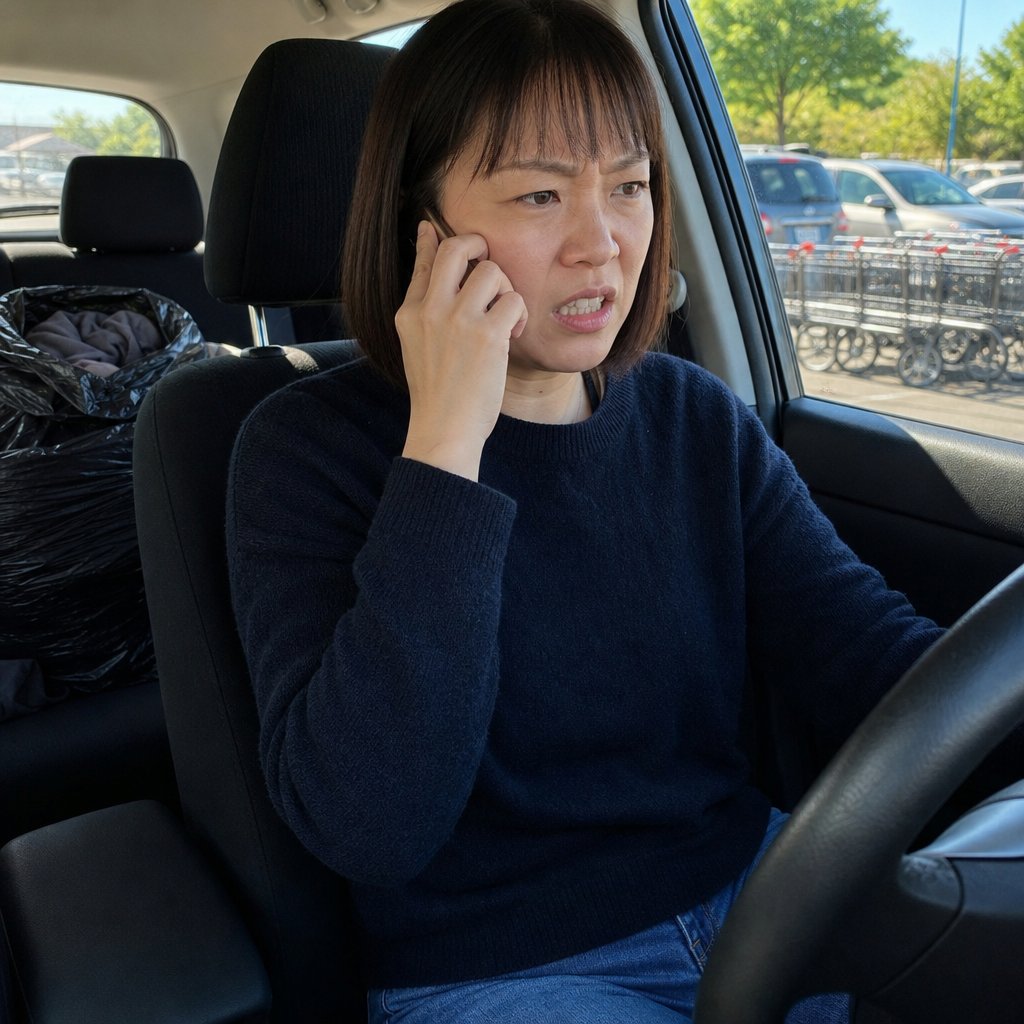 A woman sits in her parked car with a phone at her ear, angry and shaken, with a trash bag of clothes in the back seat.