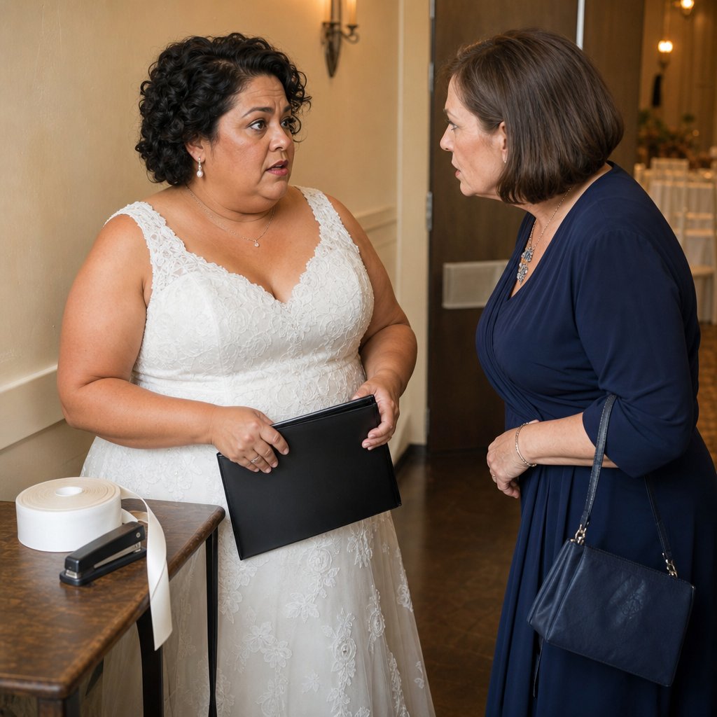 In a service hallway, the bride clutches the coordinator’s folder while her mother-in-law confronts her.