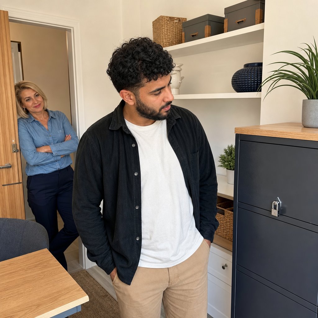 A young man stares at a locked file cabinet drawer as a blonde woman smirks from the doorway.