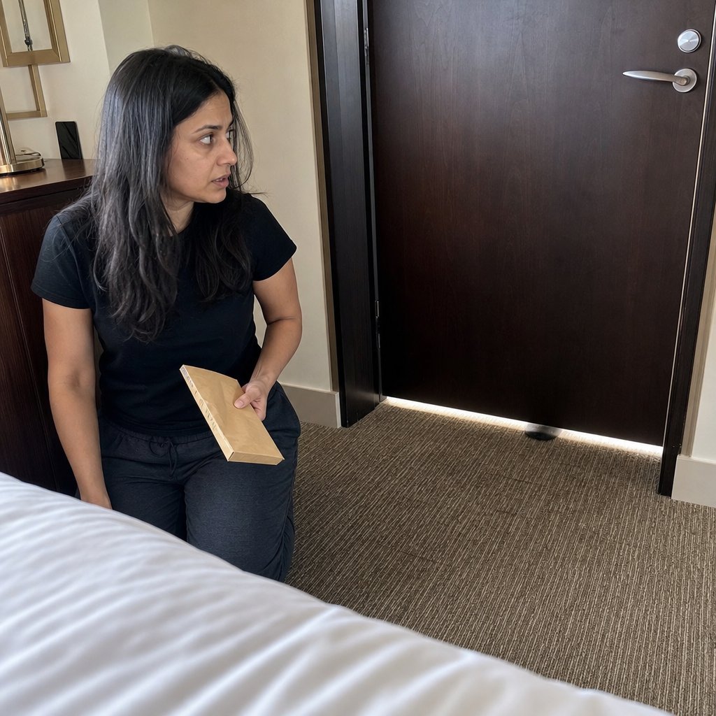 Mara kneels by her hotel door holding an envelope slid under the gap, a shadow lingering outside.