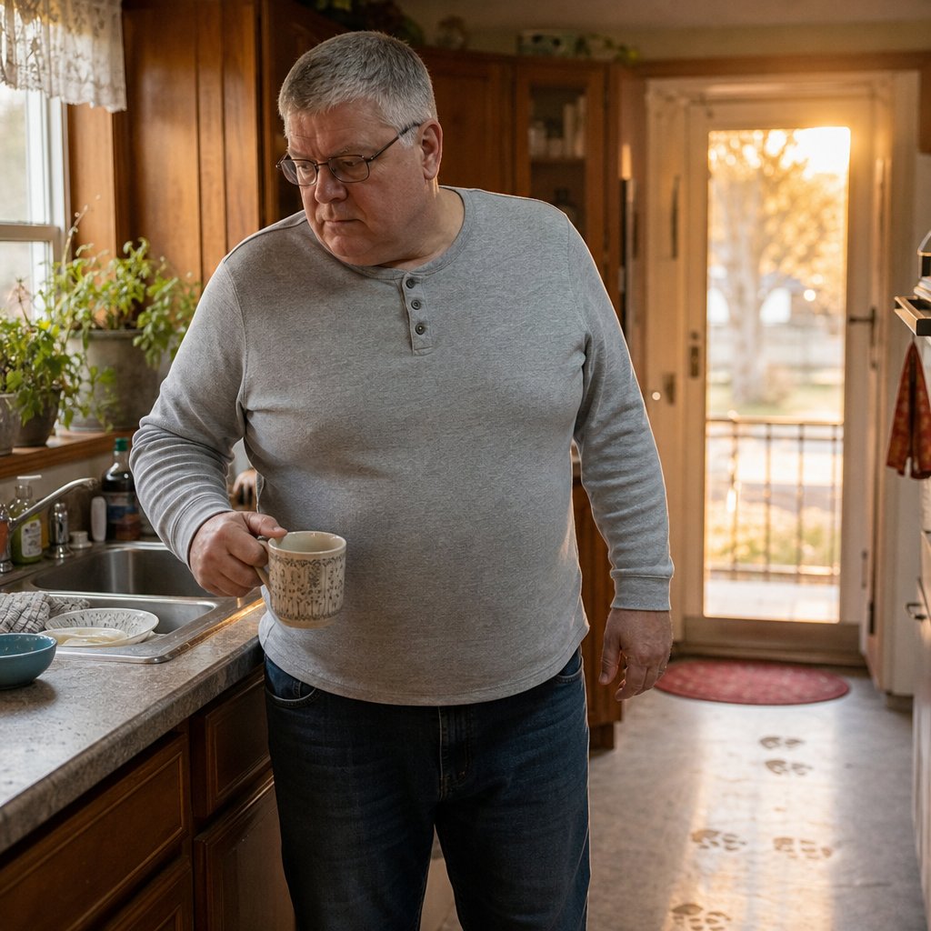 A gray-haired man with glasses grips a mug at the sink while a phone lies face-down on the counter.