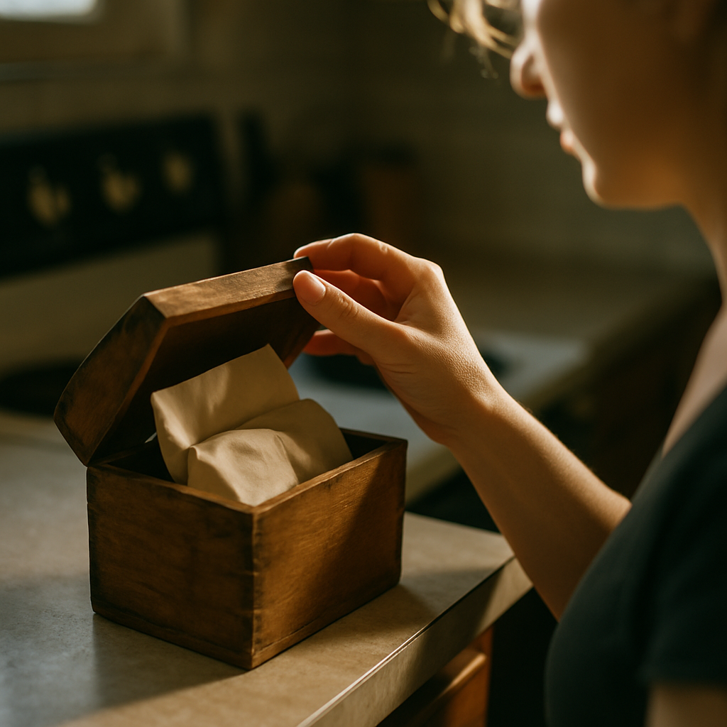 Hands opening a recipe box revealing a handwritten jewelry inventory list.