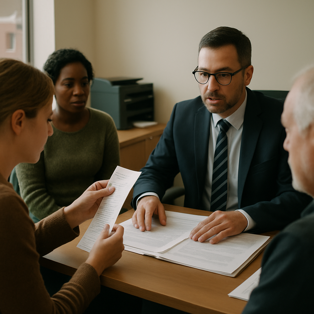 Woman holding bank receipt listening to bank manager in office